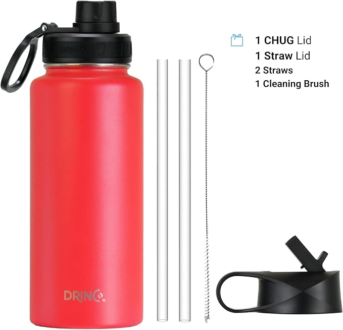 DRINCO Stainless Steel Water Bottle Spout Lid Vacuum Insulated Double Wall Water Bottle Wide Mouth (40oz 32oz 22oz 18oz 14oz) Leak Proof Keeps Cold or Hot (32 oz, 32oz Barn Red)