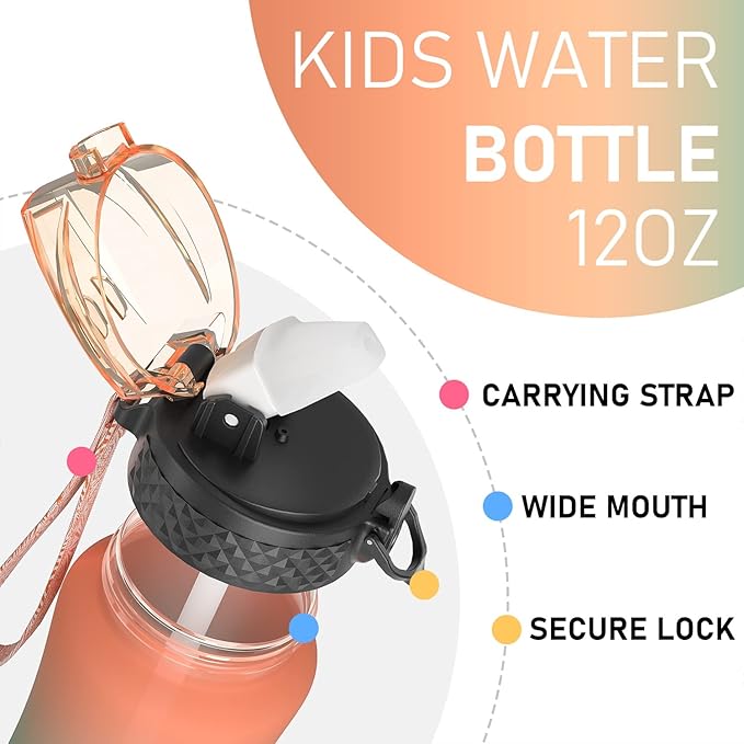 GOPPUS Kids Water Bottle with Straw Spout Lid 10pcs Stickers 12 oz Leak-proof BPA Free Motivational Time Marker Tritan Plastic Water Bottles for Girls Boys School Sports