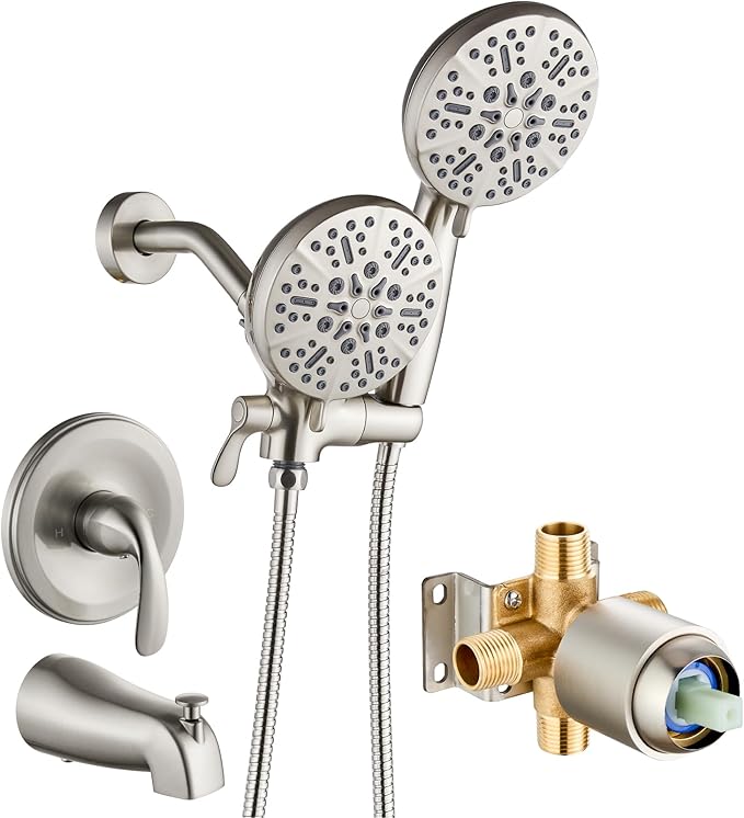 gotonovo Tub Shower Faucet Set,2 in 1 Dual Shower Head and Handle Set with Tub Spout Wall Mount Bathroom Shower Trim Kit with 3-way Water Diverter Valve Included Various Modes Brushed Nickel