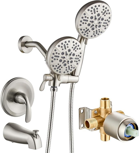 gotonovo Tub Shower Faucet Set,2 in 1 Dual Shower Head and Handle Set with Tub Spout Wall Mount Bathroom Shower Trim Kit with 3-way Water Diverter Valve Included Various Modes Brushed Nickel