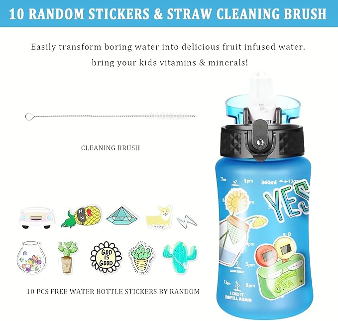 GOPPUS Kids Water Bottle with Straw Spout Lid 10pcs Stickers 12 oz Leak-proof BPA Free Motivational Time Marker Tritan Plastic Water Bottles for Girls Boys School Sports