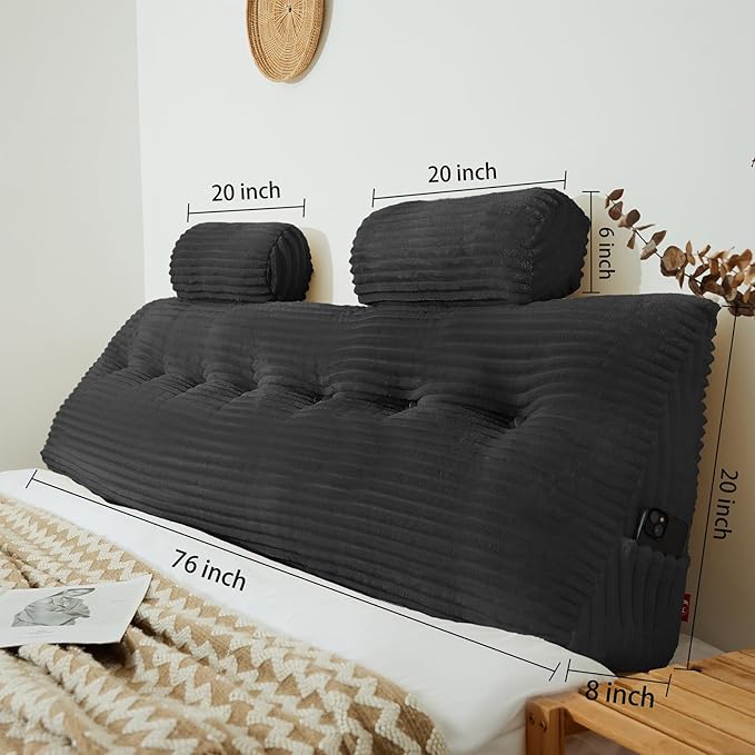 Headboard Wedge Pillow with 2 Pack Neck Roll Pillow Large Headboard Pillow King Wedge Pillow Headboard Soft and Supportive Bed Rest Reading Pillows for Sitting in Bed with Removable Cover
