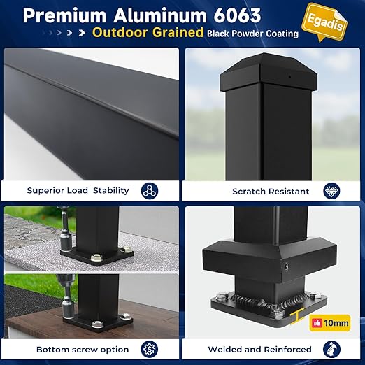 2.56 in. x 2.56 in. x 45 in. Porch and Deck Railing Post with Screws, Aluminum Railing Post, Black Textured Powder-Coat Finish Stair Post for Decks, Porches & Balconies (2x45in Posts)