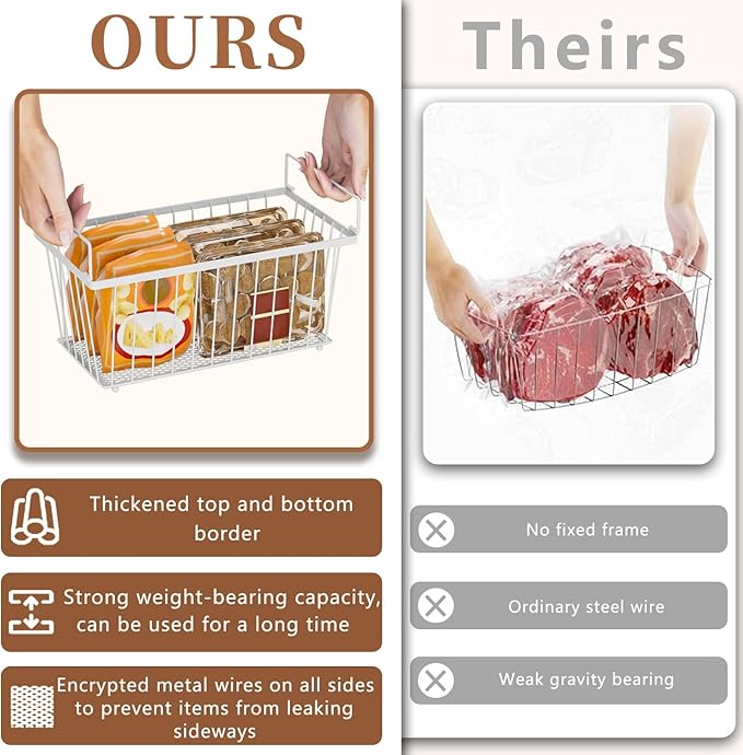 3 Pack Stackable Deep Freezer Organizer Bins ，Upgraded Bottom Leak-Proof net，Encryption and Hardening ， Freezer Organizer Bins for 5 to 9 Cu.FT Small Chest Freezer， Easy Get Bottom Foods