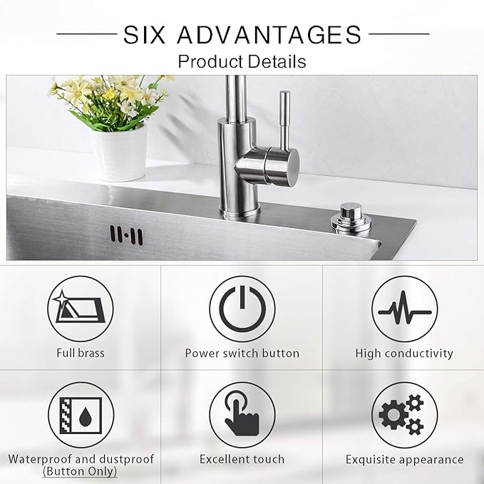 SinkTop Air Switch Kit (Long Full Brass Button) for Garbage Disposal, Cordless Chrome