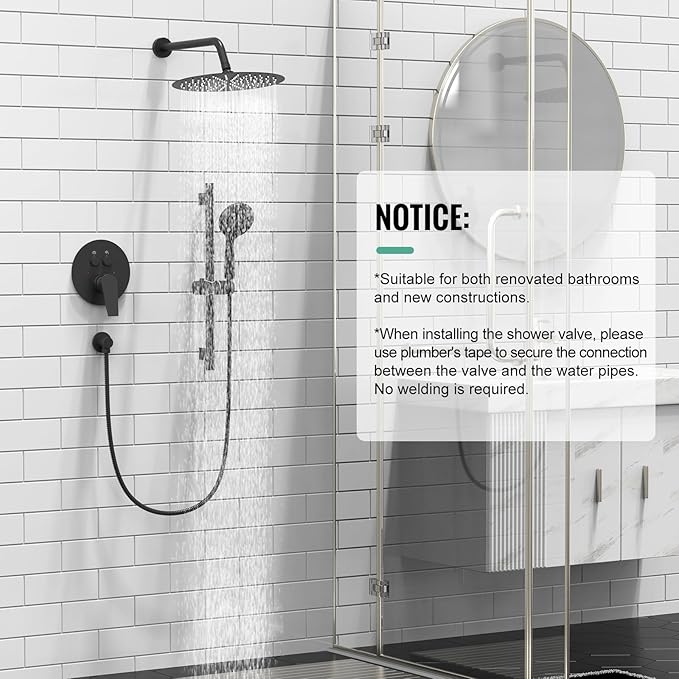 SR SUN RISE Matte Black Shower Faucet Set - 10 Inch Rain Shower Head with Adjustable Slide Bar Combo Set - Wall Mounted Rain Shower System Bathroom (Valve and Trim Kit Included)