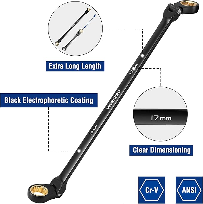 WORKPRO Extra Long Flex-Head Ratcheting Wrench Set, 5-piece Anti-Slip Double Box Wrenches Set, Metric 8-19 mm, 72-Teeth, Cr-V Steel and Black Electrophoretic Coating Wrenches with Rolling Pouch