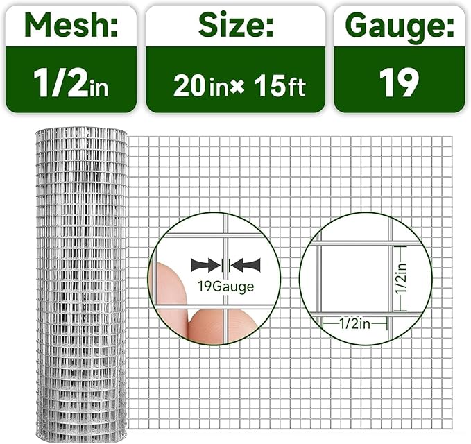 Hardware Cloth 1/2inch 20inx15ft 19 Gauge,Double-Layer Hot-Dip Galvanizing After Welding,Chicken Wire Netting Garden Wire Fencing Rabbit Snake Fence Chicken Coop Plant Supports