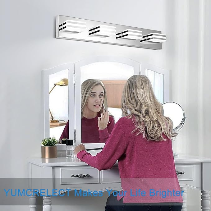 LED Vanity Lights for Bathroom 4 Light Bathroom Lamp over Vanity 27Inch Bathoom Mirror Light Fixtures Modern Bath Bar Lighting Chrome Vanity Lighting Fixtures 24W Restroom Light Fixture 6000K