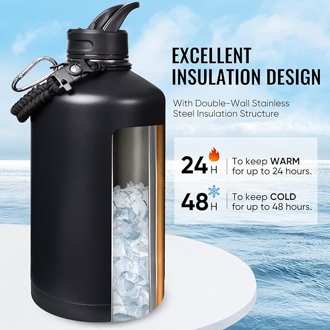Gallon Water Bottle with Straw&Spout Lid, 128oz Stainless Steel Water Jug with Handle and Wide Mouth, One Gallon Vacuum Double Walled Jug for Sports, Outdoors, Leak-Proof. Black 128oz