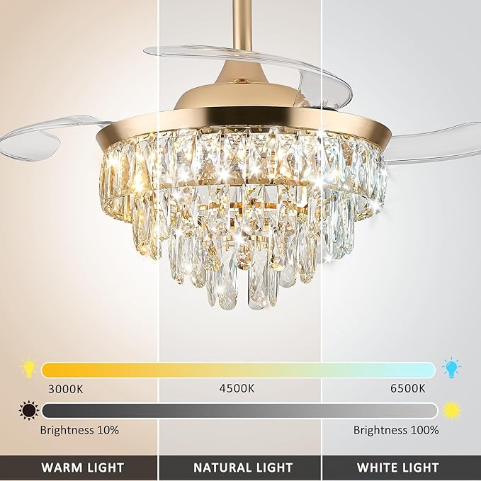 LEONTYNE 36" Modern Crystal Ceiling Fan with Lights and Remote Invisible Retractable LED Dimmable Chandelier Fan 3 Blades 6 Speeds Fandelier for Bedroom Living Room Dining Room(Gold)