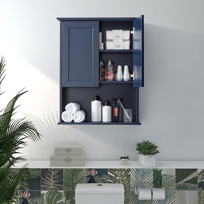 Navy Blue Bathroom Cabinet Wall Mounted with 2 Doors and Adjustable Shelf, 23"x29" Wooden Medicine Cabinet Over Toilet Storage Wall Hanging Cabinets for Bathroom,Bedroom,Kitchen,Laundry Room