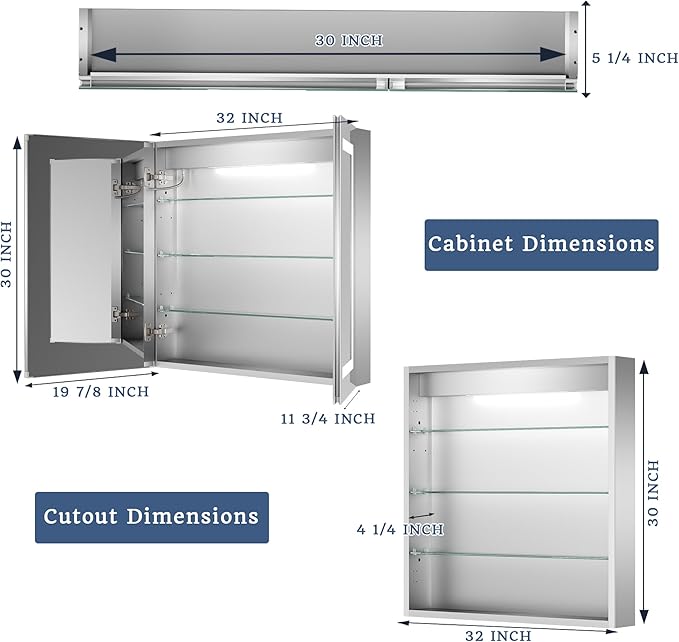 ExBrite LED Lighted Bathroom Medicine Cabinet with Mirror, 32 x 30 Inch, Recessed or Surface Mount, Anti-Fog, Stepless Dimming, Color Temperature Change, Built-in 6000K Sensor Light, Storage Shelves