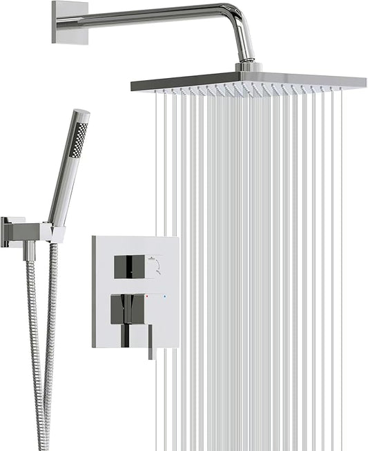 Esnbia Shower Faucet Set, Rain Shower System with Valve, 10 Inches Shower Heads with Handheld Spray Combo, Wall Mounted Shower Fixtures, Chrome