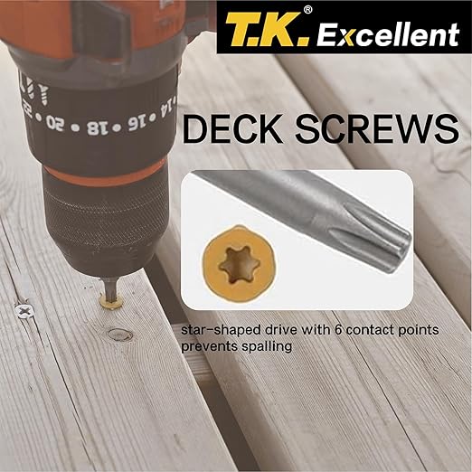 T.K.Excellent Deck Screws 2 Inch Wood Screws #8 x 2, 630 Pcs, Rust Resistant Structural Screw Fence Screw Torx Drive Screws, Two T20 Bits, Brilliant Yellow Ruspert Coating Rust Proof, 5lb Box