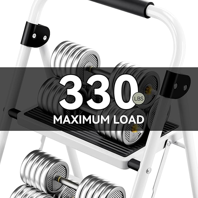 KINGRACK 2 Step Ladder, Folding Step Stool with Anti-Slip and Wide Pedal, Lightweight Stepladder with Handrails, Portable for Kitchen, Household, White