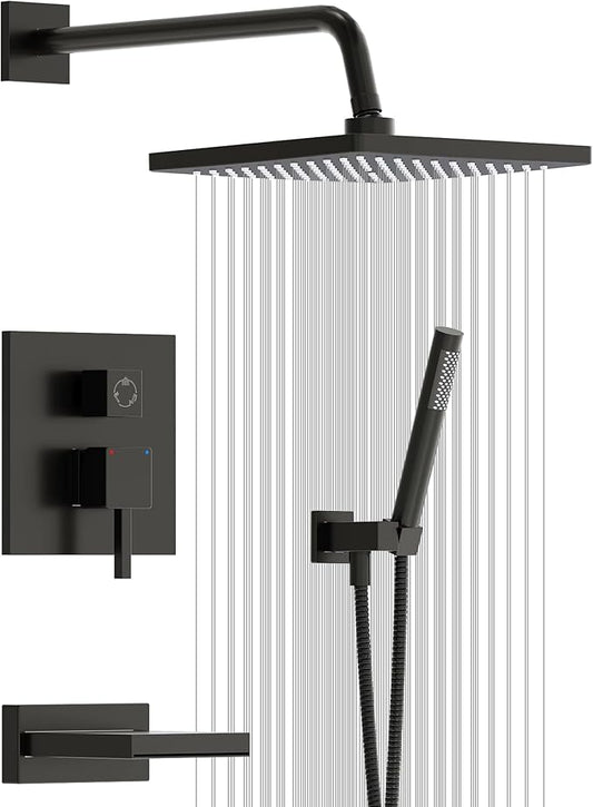 Esnbia Shower System with Tub Spout,Black Bathtub Shower Faucet Set,10 Inches Rain Shower Heads with Handheld Spary Combo, Tub Shower Kit with 3-Way Shower Valve, Matte Black