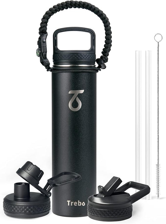Trebo 24 oz Water Bottle Insulated with Lid and Straw,Double Wall Vacuum Stainless Steel Metal Tumbler Sports Flask with Paracord Handle, Keep Hot 24 Hours & Cold 48 Hours Water Cup with 3 Lids, Black