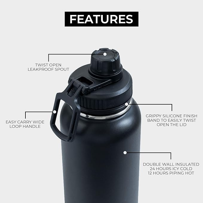 BOZ Stainless Steel Water Bottle XL (1 L / 32oz) Wide Mouth, BPA Free, Vacuum Double Wall Insulated (Matte Black)
