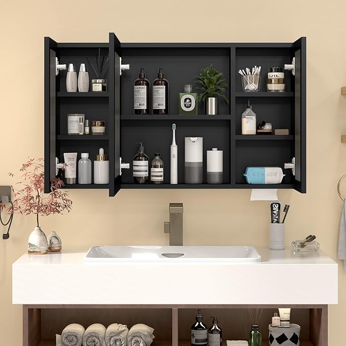 40x24 Inch Medicine Cabinet with Light, AL Alloy Frame, Full-Assembled Bathroom Mirror Cabinet with Brightness Adjustable and Storage Shelves, Led Medicine Cabinet with Recessed or Wall Mount,Black