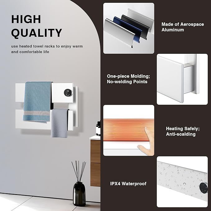 K&KALONZO Electric Towel Warmer, 18.35" W x 14.6" H Wall-Mounted Towel Heater with Built-in Timer, Waterproof Aluminum Towel Warmer for Bathroom, Support Plug-in and Hardwired, White, K2-R-W