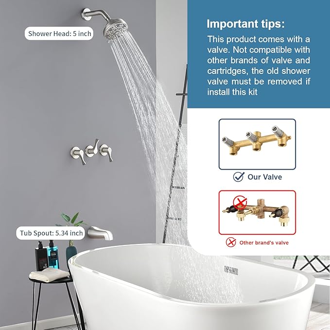 3 Handles Shower Faucet Set with Tub Spout Bathtub Shower Faucets Combo Set Shower System Complete Tub and Shower Trim Kit Brushed Nickel Shower Fixtures Brushed Nickel Shower Set