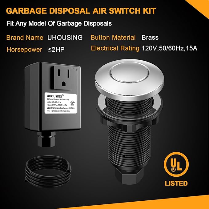 Garbage Disposal Air Switch Kit - UL Certified Sink Top Switch with Long 3.5" Brass Button by UHOUSING, Complete All-in-One Kit for All Disposals (Chrome)