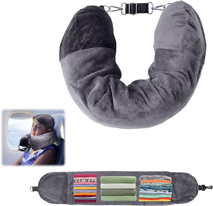 Travel Pillow Stuffable with Clothes, 7.3x31.5in Soft Plush Extra Luggage Airplane Fillable Storage Bag Transformable Neck Body Case Cover, Only Travel Pillowcase, No Filler (Gray)