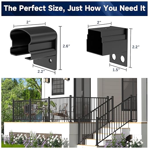 2 Pack Aluminum Fixed Railing Bracket, Deck Railing Bracket Connector, Black Textured Powder-Coat Finish Railing System for Outdoor Decks, Porches & Balconies