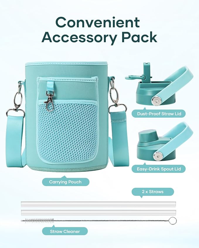 64 oz Insulated Water Bottle BUZIO Half Gallon Stainless Steel Water Jug with Carrying Pouch and Straw Lid, Keep Cold 48h Lead-Free Double Wall Vacuum Sports Flask Metal Canteen for Gym Camping, Green