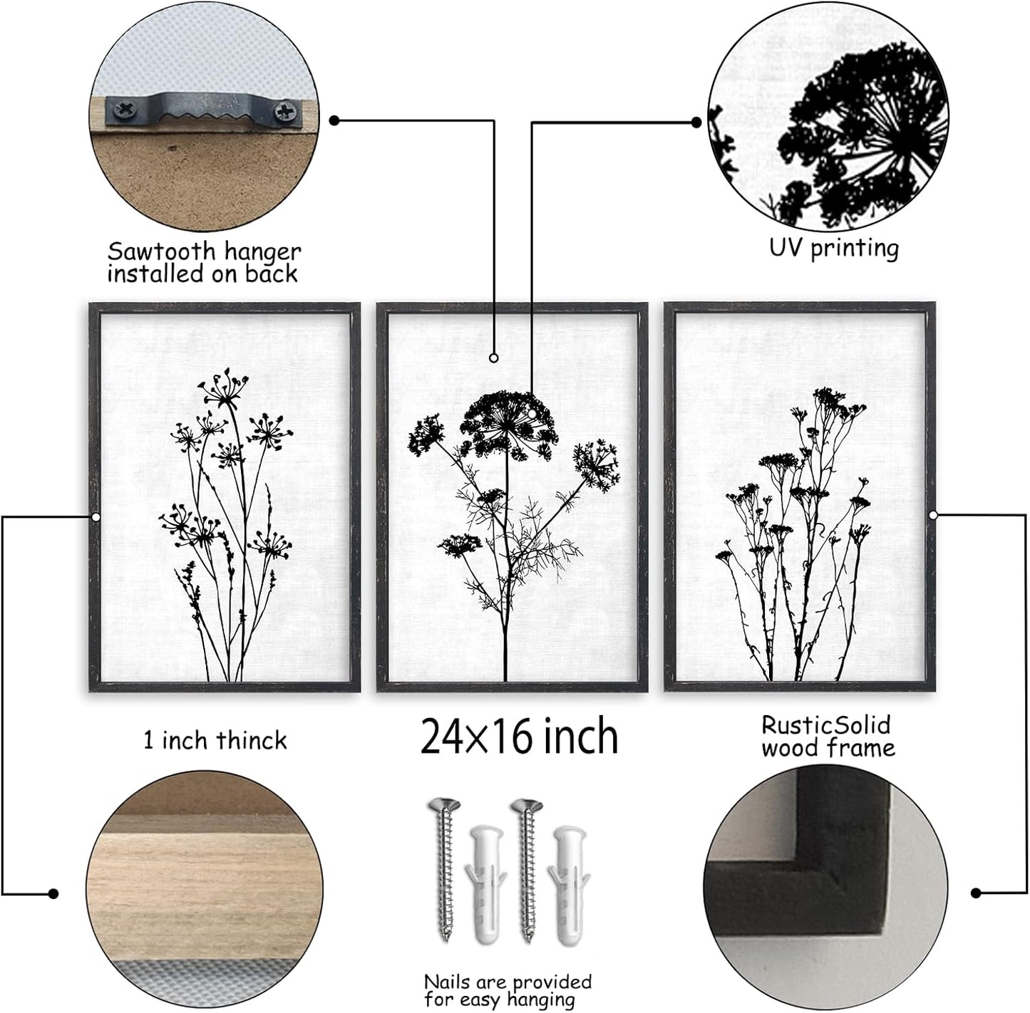 Flower Plant Wall Art Decor 24"x16" Set of 3 Black And White Botanical Painting Wood Framed For Minimalist Bedroom Office Rustic Living Room Abstract Wildflower Sign Hanging (Black)