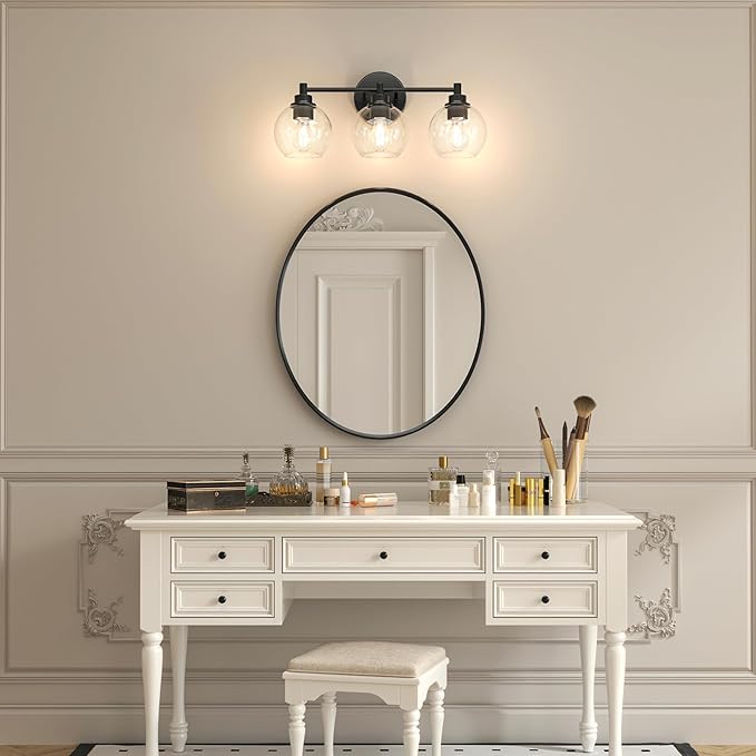 VONLUCE Bathroom Light Fixtures, 3-Light Vanity Light with Globe Glass Shades E26 Sockets, Bathroom Lights Over Mirror for Bedroom Hallway Living Room, Black Finish