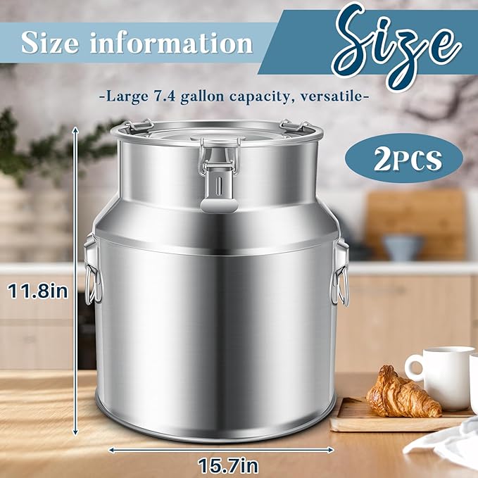 Suclain 2 Pcs Stainless Steel Milk Can Milk Bucket Metal Milk Jug with Sealed Lid and Carry Handle Tote Jug for Milk, Wine, Water, Liquid Tote Pail Storage Transport (28 Liters)