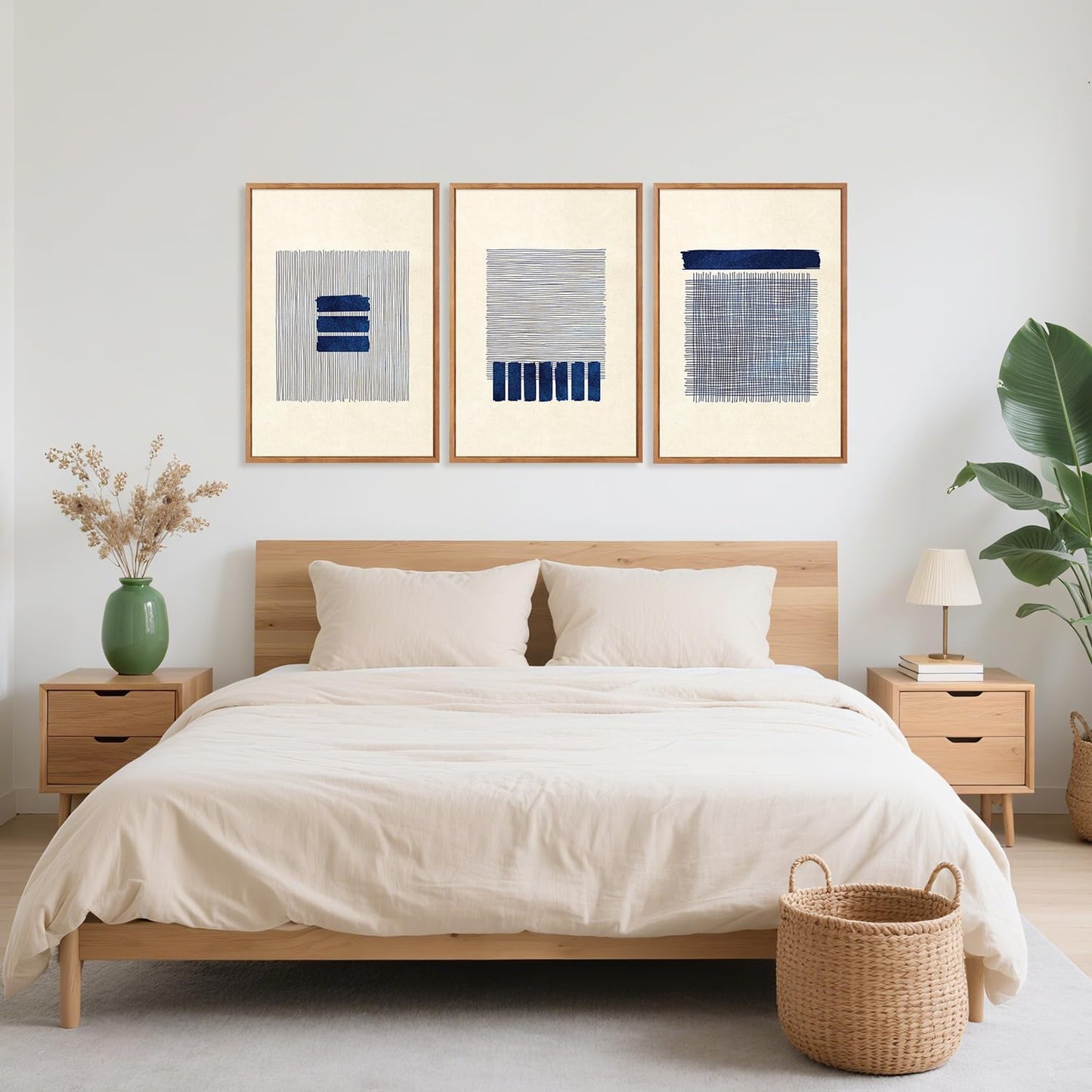 Aurlan Boho Christian Line Art Framed Wall Decor(16"x24"), 3PCS Minimalist Jesus Leavs the 99 Sheep Lamb Bible Story Canvas Artwork, Neutral Abstract Beige Navy Blue Religious Painting for Bedroom Living Room