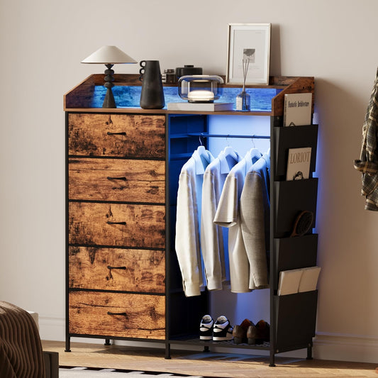 LUMTOK 2-in-1 Dresser with Hanging Racks,5 Fabric Drawers Dressers with LED Lights, Charging Station for Bedroom Living Room, Entryway, Closets (Rustic Brown)