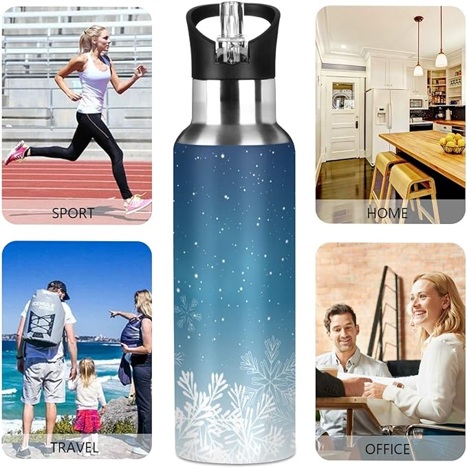 Blue Christmas Snowflake Sports Water Bottle, 22 Oz BPA Free Non-Toxic Stainless Steel Water Bottle with Straw for Gym Yoga Fitness Camping