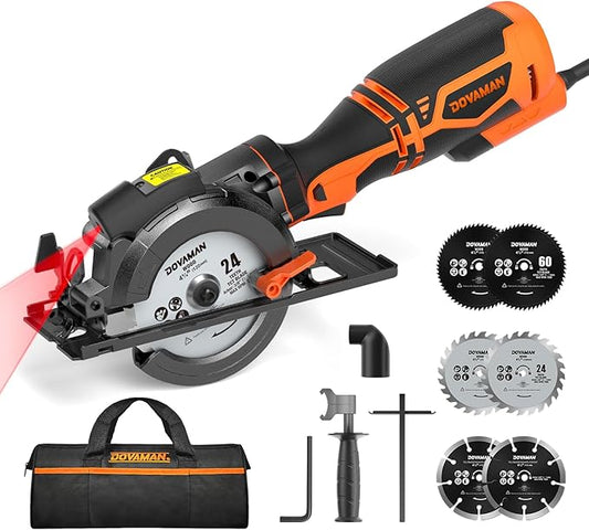 Circular Saw, 5.8A 4-1/2" Circular Saw w/Laser, Metal Auxiliary Handle, 6 Blades (4½", 4¾"), Cutting Depth 1-11/16" (90°), 1-3/8" (45°), Ideal for Wood, Soft Metal, Plastic, Tile - MCS01A