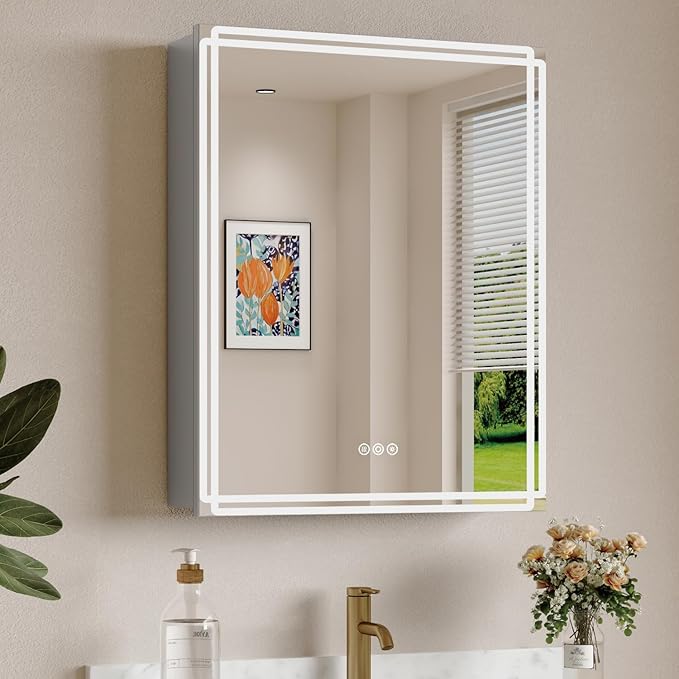 Buruis 24'' x 30'' Medicine Cabinet with Lights and Mirrors, Recessed or Wall Mounted Modern Bathroom Cabinet with 3-Mode Light, Anti-Fog, Dimmable, Memory Function, Outlet, Silver