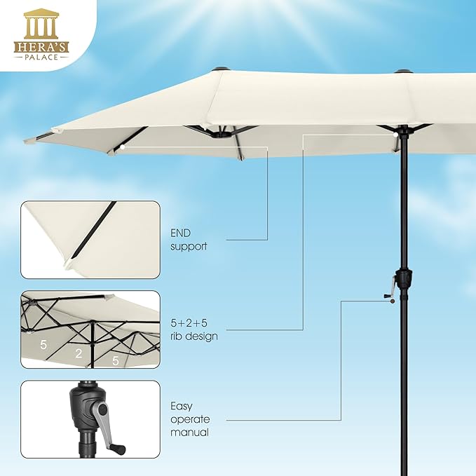 HERA'S PALACE 13 Ft Double-Sided Twin Patio Umbrella, Outdoor Double Sided Market Patio Umbrella with Crank, Powerful UV Protective (Ivory)
