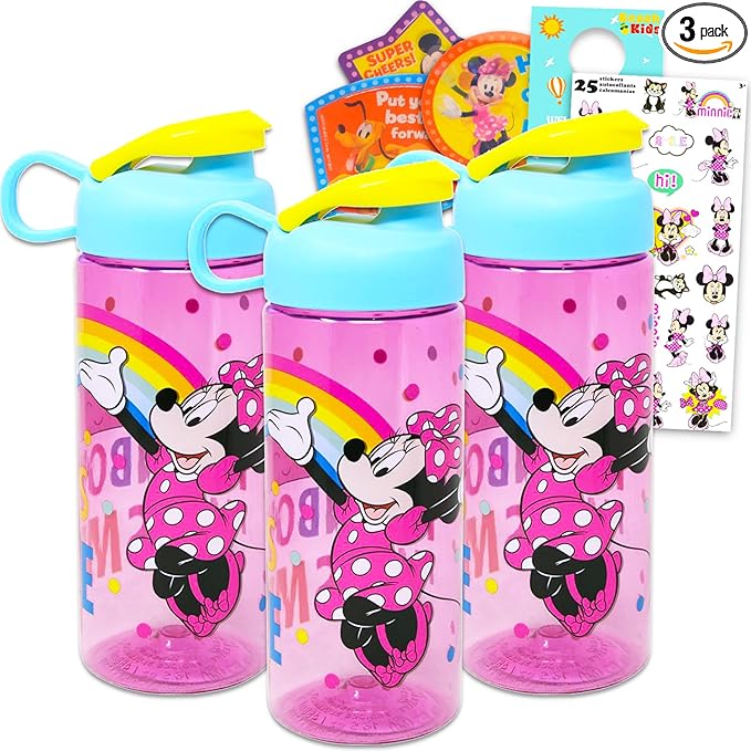 Minnie Mouse Water Bottle Set for Kids – Bundle with 3 Minnie Mouse Drinking Bottles, Mickey Pencil Toppers, Stickers, and More | Minnie Drinking Cups