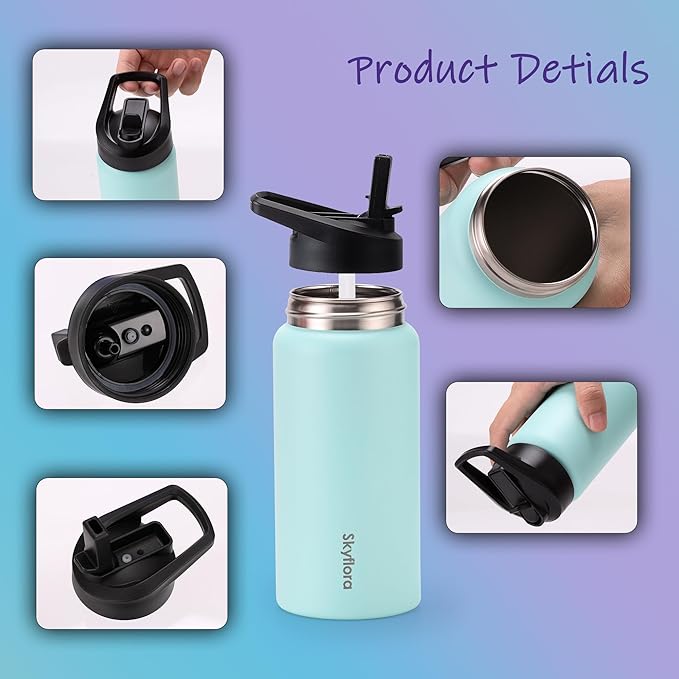 Kids Water Bottle with Straw 2 Pack, 16oz Water Bottles Bulk, Single Wall 18/8 Stainless Steel, Dishwasher Safe & Leakproof, Reusable Gift for Girls Boys to School Sports Travel Camping, Pink & Green