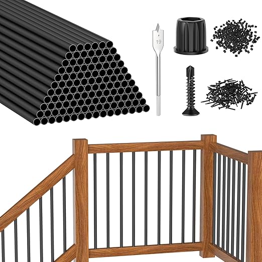CKE 120 Pack 32" Round Aluminum Deck Balusters, 3/4" Diameter Hollow Round Black Aluminum Balusters for Deck Railing, Metal Deck Baluster Staircase Spindles with Screw/Conector for Railing Fencing R32