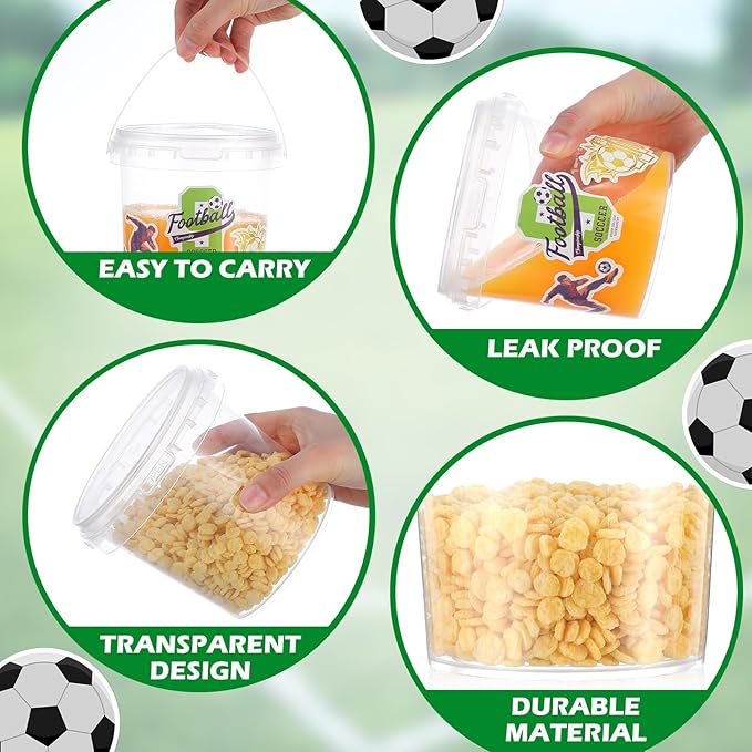 PerKoop 20 Pcs 32 oz Soccer Ice Cream Buckets with Lids and Handles Clear Cocktail Rum Buckets for Drinks with 200 Soccer Stickers Plastic Transparent Tub Reusable Food Storage Containers for Parties