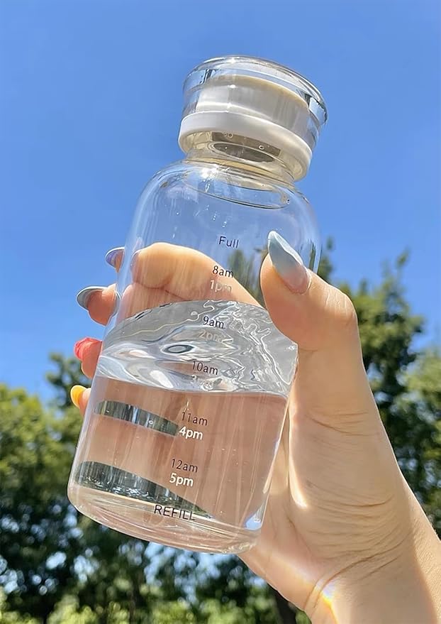 Glass Water Bottles With Double Lid,16OZ Clear Water Bottle With Time Marker,Water Bottle With Straw, Circle Water Bottle For Milk,Juice, Coffee(550ml,White)