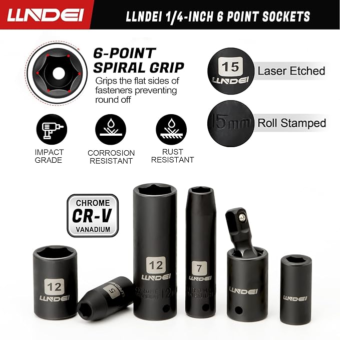 LLNDEI 1/4" Drive Socket Set & Nut Driver Set 44PCS, 1/4-Inch Sockets Deep&Shallow Metric(4-15mm) with Ratchet, 1/4" Hex Shank 6" Long Nut Drivers(6-14mm) for Impact Drill Bits(PH1 PH2)
