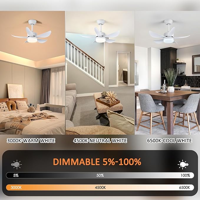 Ceiling Fans with Lights,Modern Dimmable LED Ceiling Fan,32" White Low Profile Ceiling Fan with Light Small Ceiling Fan for Bedroom Kitchen Patio Outdoor,3 Color Changing,Reversible