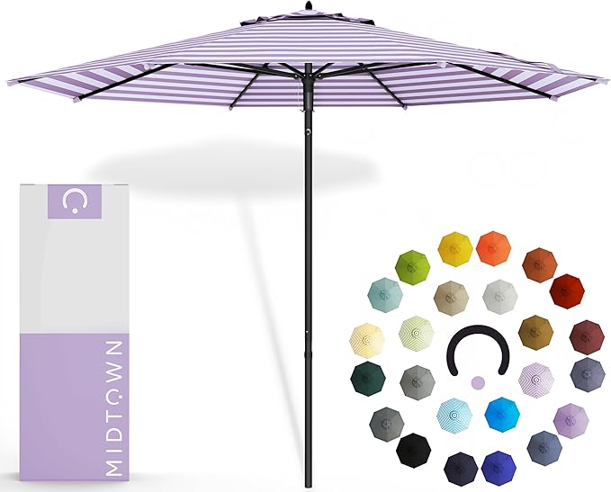 Midtown Umbrellas Push and Pop 9 Feet Outdoor Umbrella, Purple/White Stripes Polyester Fabric - Fiberglass Ribs Deck Patio Umbrella, Backyard Umbrella, Garden Umbrella & Pool Umbrella - Black Pole
