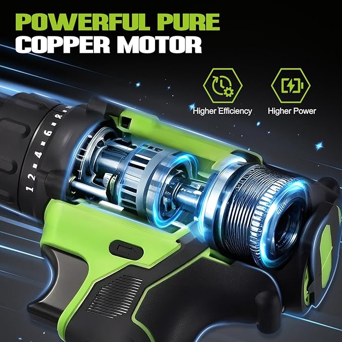 WORKBLESS 21V Power Drill Set, Cordless Drill with 2 Batteries and Charger, 3/8'' Keyless Chuck, Variable Speed, 18+1 Torque Setting and 28pcs Bits Tool Set(Green)