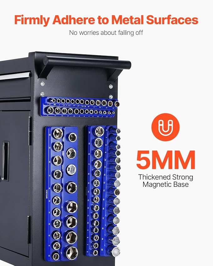 VEVOR Magnetic Socket Organizer Set, 3PCS Magnetic Socket Holder, 1/4'', 3/8'' & 1/2'' Metric Socket Trays with Clear Labels, Hold up to 75PCS Standard & Deep Sockets, Blue (Sockets Not Included)