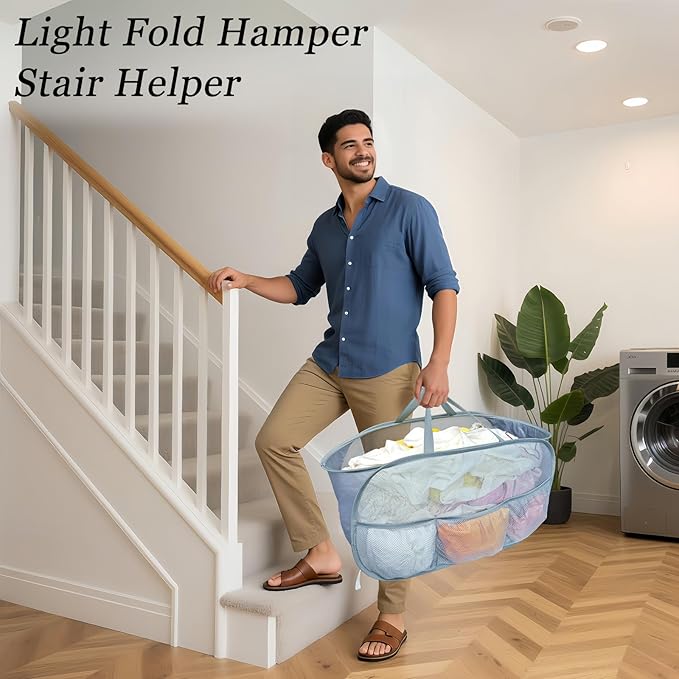 Collapsible Laundry Baskets 2 Pack, Mesh Pop Up Hamper with Handles, Portable Stair Basket, Dorm or Room Folding Bin, Dirty Clothes Hamper Light Breathable. Grey. 2H